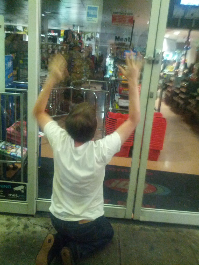 Poor @lgnome expresses his pain at yet another closed liquor store before we located an open location.