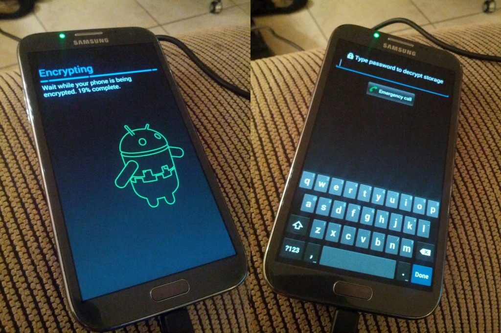 Android phone undergoing encryption; and subsequent boot with encryption enabled.